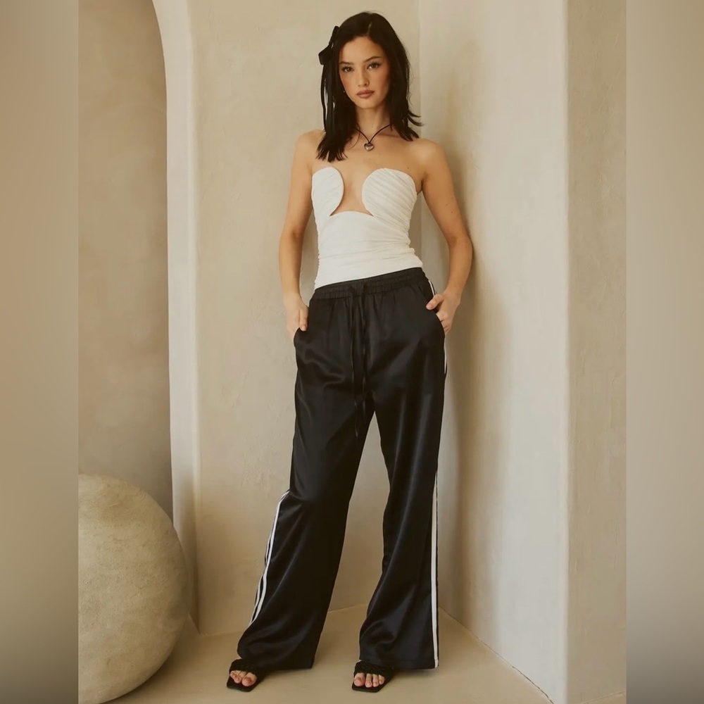 Black Wide-Leg Track Pants with Side Stripe